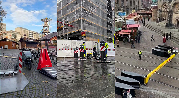 Německý bizár. Město nemá na vysouvací sloupky, se zábranami hýbou dělníci ručně