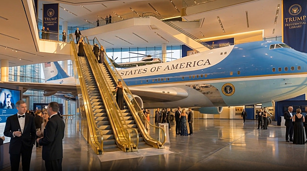 Zlatá socha se sevřenou pěstí, letadla v lobby. Trump ukázal plány knihovny v Miami